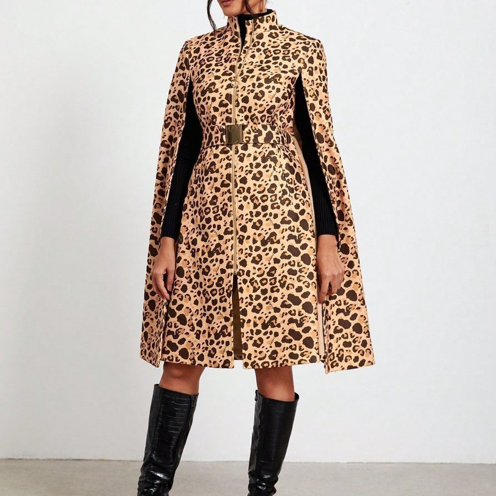 Multicolor Preppy Womens Leopard Print Cloak Sleeve Open Front Cape Coat - Picture 5 of 5